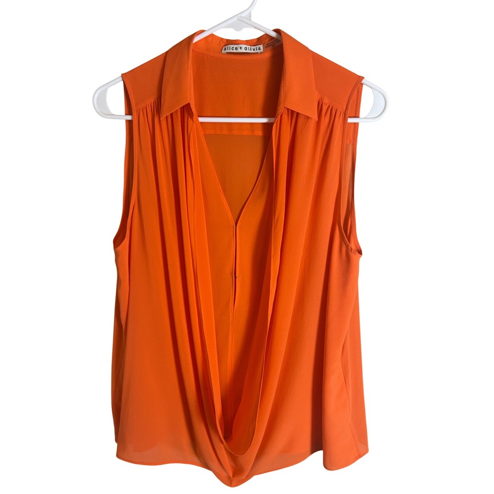 Alice + Olivia Sleeveless Drape Front Blouse Women M Orange Silk Blend V-Neck